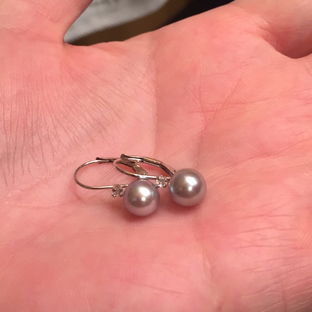 Genuine blue pearl earrings, 14k solid white gold.